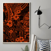 Framed orange Polynesian pattern canvas print with tiki face and flower motifs