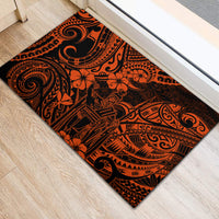 Orange and black Polynesian pattern rubber doormat, floral and tribal swirl design