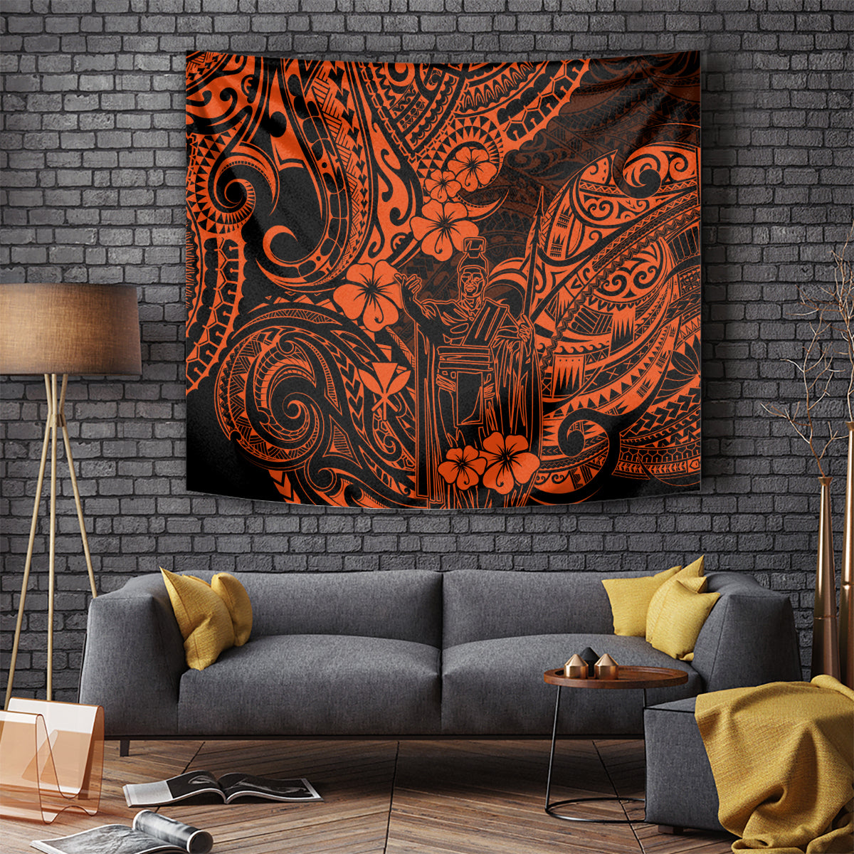Orange and black Polynesian pattern tapestry with tribal figures, swirls, and flowers