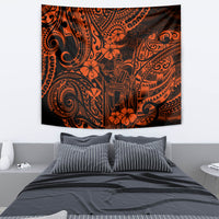 Orange and black Polynesian tapestry wall hanging with detailed swirls and flower motifs