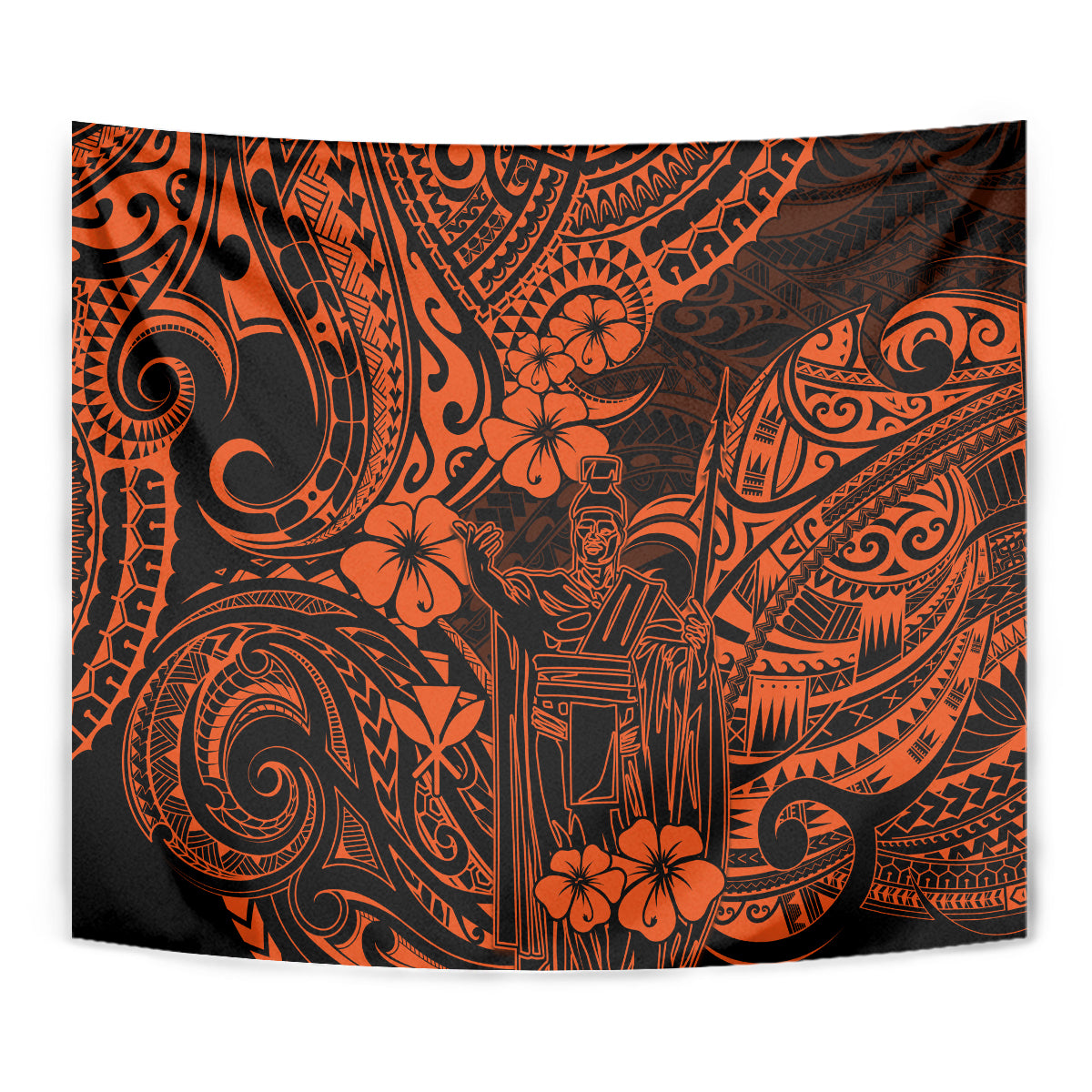 Orange and black Polynesian tapestry close-up with swirling motifs and a central tribal figure