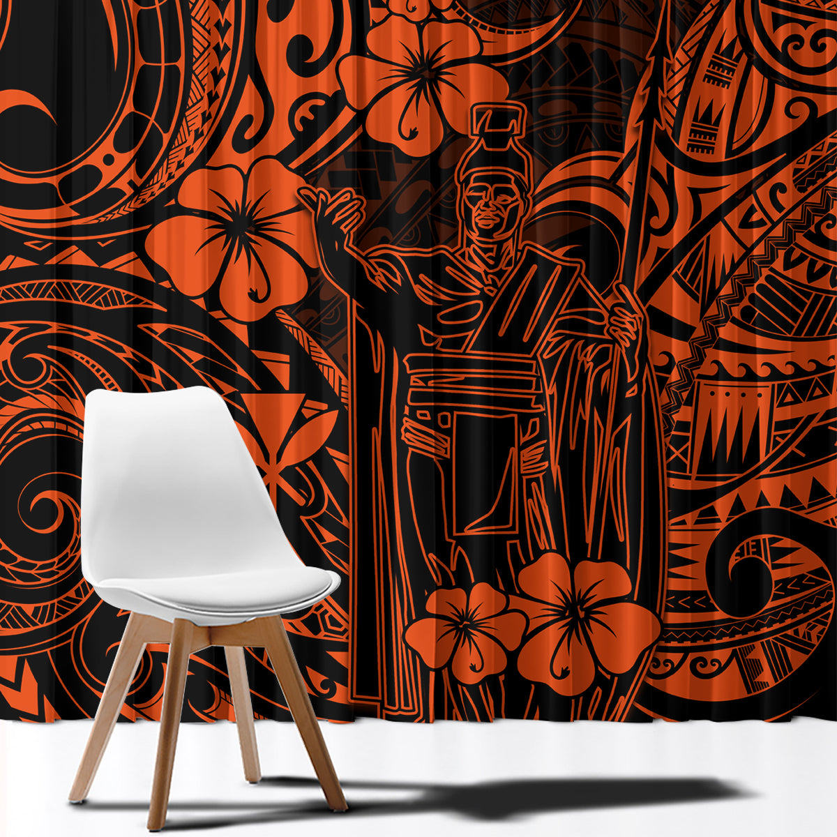 Orange and black Polynesian curtain panel with illustrated faces, figures, and swirls