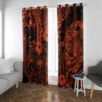 Orange and black Polynesian window curtains with decorative scrolls and flowers