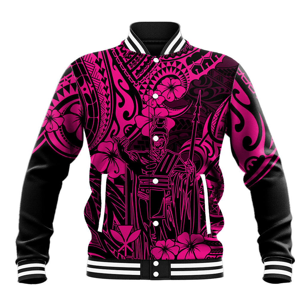 Pink and black polynesian patterned baseball jacket with snap front, striped collar and cuffs.