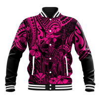 Pink and black polynesian patterned baseball jacket with snap front, striped collar and cuffs.