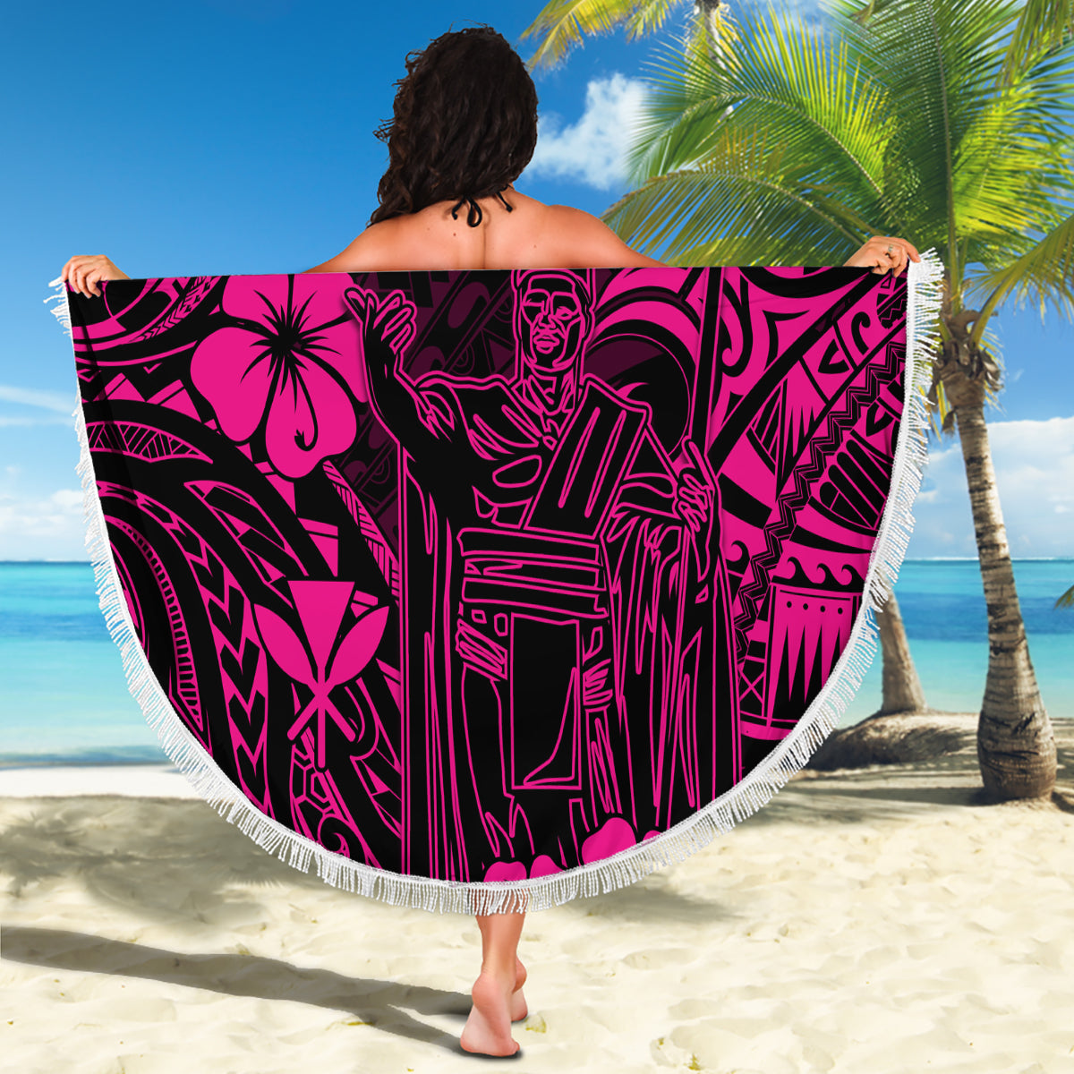 Pink round beach blanket with white fringe, Polynesian warrior graphic pattern