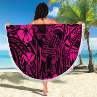 Pink round beach blanket with white fringe, Polynesian warrior graphic pattern