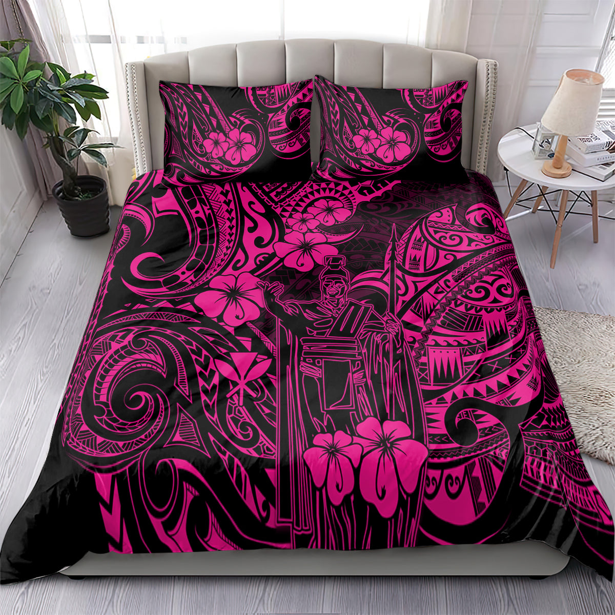 Pink and black Polynesian pattern bedding set with two pillow covers