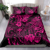 Pink and black Polynesian pattern bedding set with two pillow covers