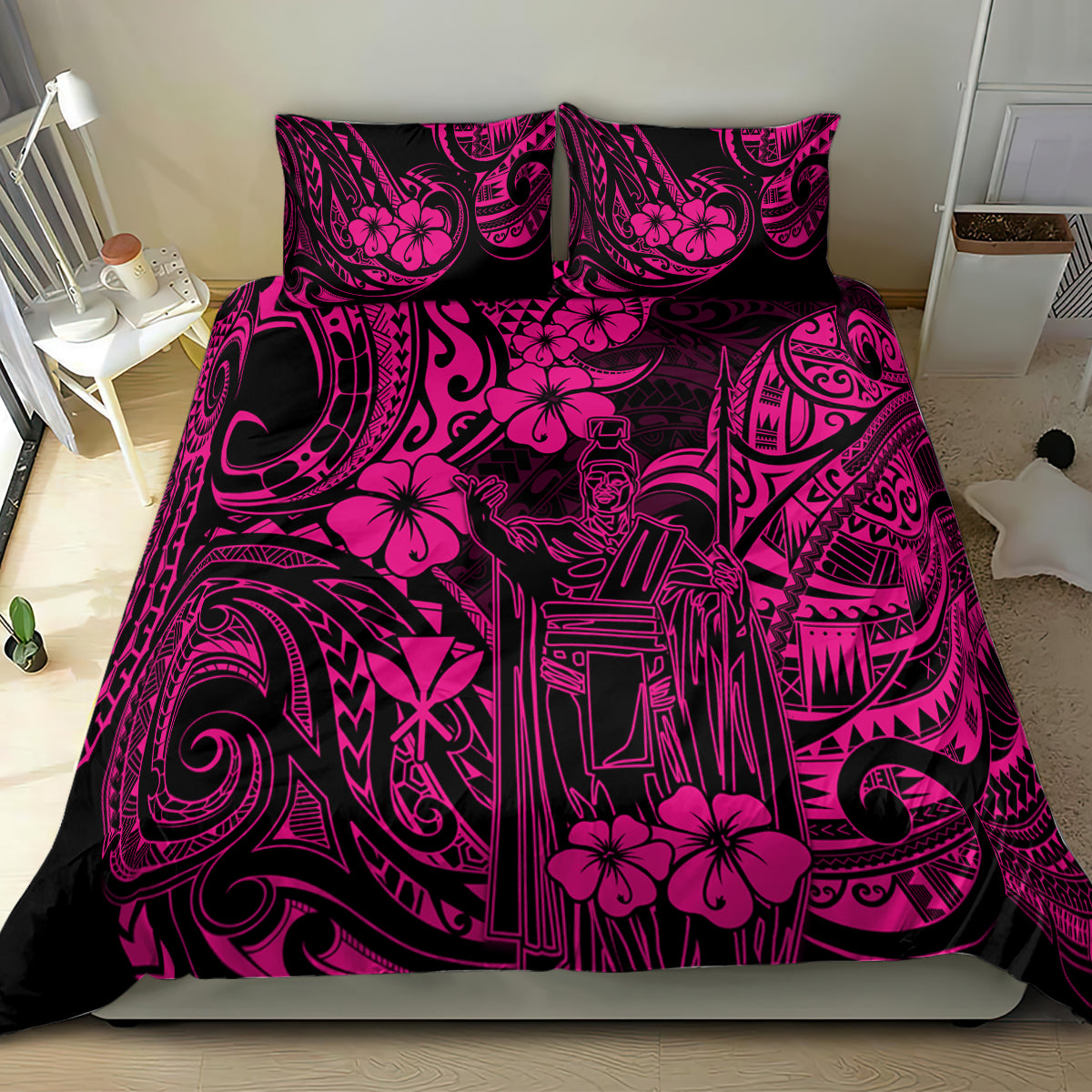 Pink and black Polynesian pattern bedding set with matching pillow covers