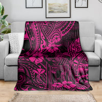 Pink and black Polynesian-pattern throw blanket with floral and king design
