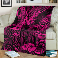 Pink and black Polynesian-pattern blanket featuring hibiscus and king figure