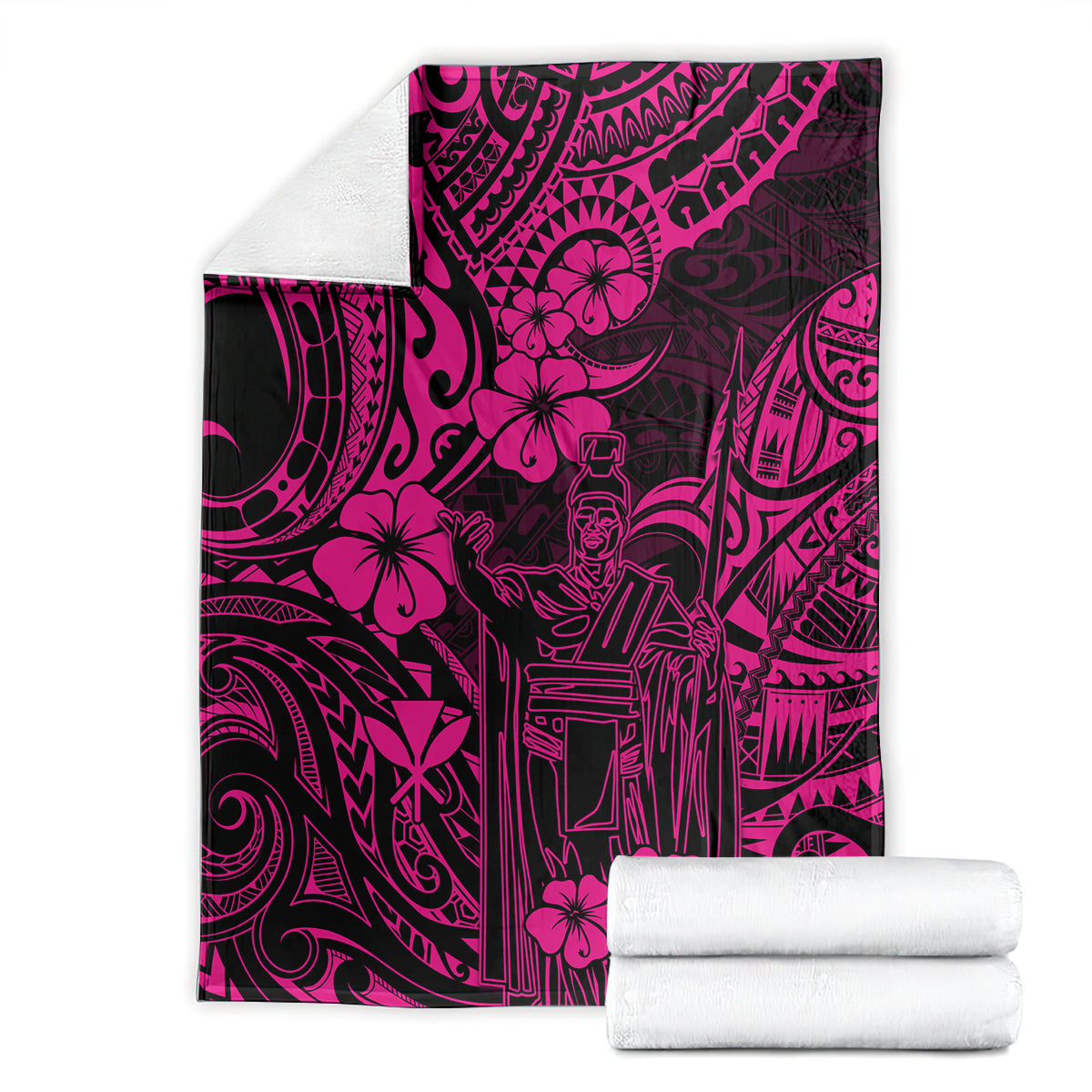 Folded pink and black Polynesian-pattern blanket with floral and king figure