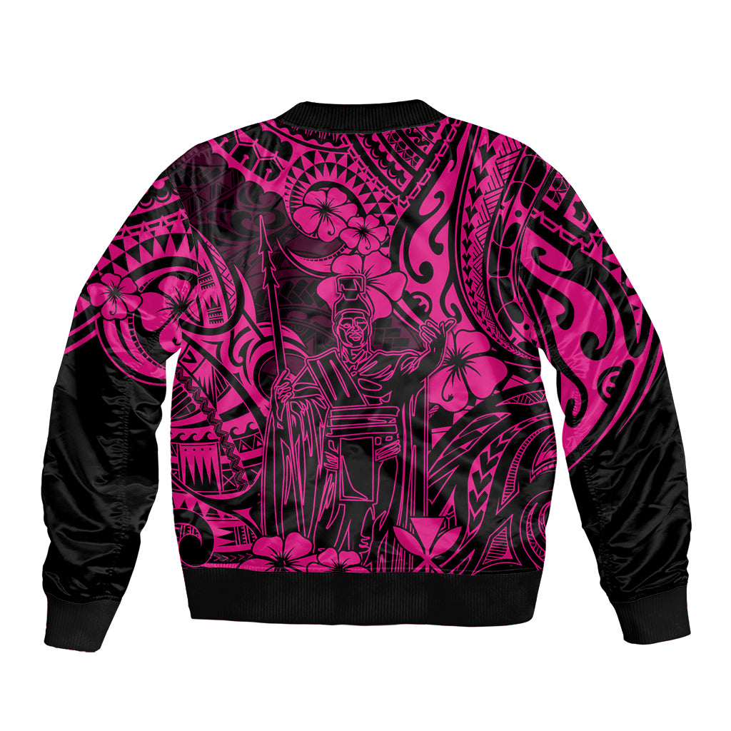 Unisex bomber jacket back with bold pink Polynesian pattern, black sleeves, ribbed cuffs