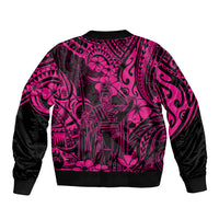 Unisex bomber jacket back with bold pink Polynesian pattern, black sleeves, ribbed cuffs
