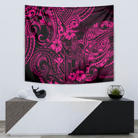 Pink Polynesian tapestry featuring dark tribal ornaments, swirls, and hibiscus-style flowers