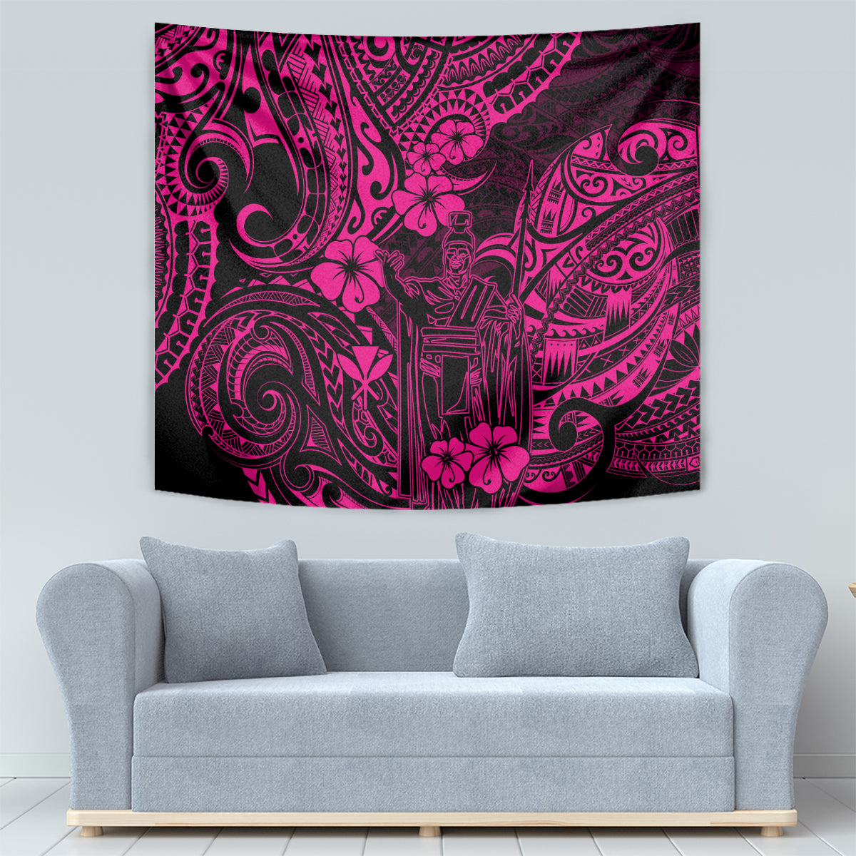 Pink Polynesian tapestry with dark tribal masks, swirls, and flower motifs, wall-hung
