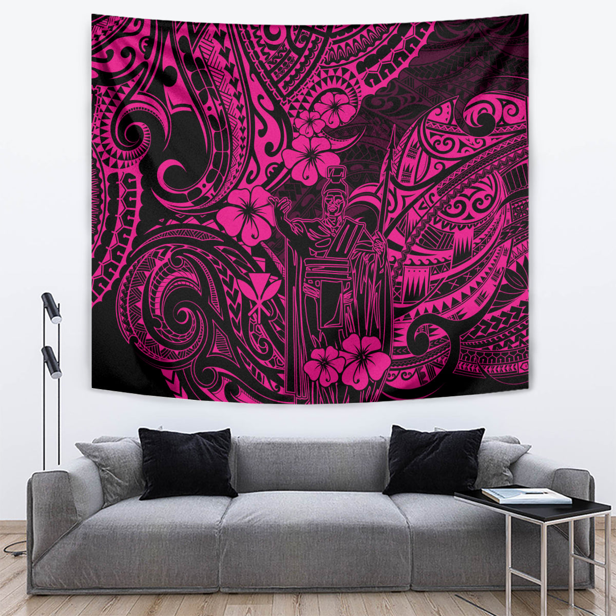 Pink Polynesian tapestry with dark patterned tribal artwork and floral accents