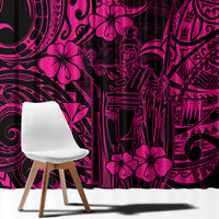 Pink and dark Polynesian patterned window curtain panel with hibiscus and tribal figures