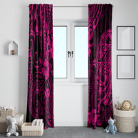 Pink Polynesian patterned curtain panels with dark scrolls and hibiscus flowers
