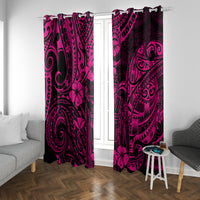 Pink Polynesian patterned curtain panels with dark motifs, covering two window sides