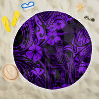 Purple Polynesian patterned beach blanket with King Kamehameha figure and white fringe, round