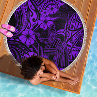 Purple round beach blanket with Polynesian pattern, King Kamehameha motif, white tassel fringe