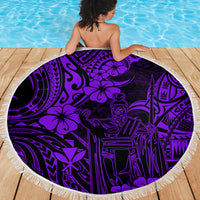 Purple Polynesian beach blanket, round with white fringe, King Kamehameha center design