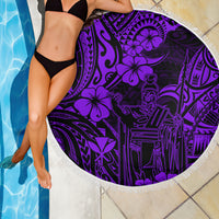 Purple Polynesian beach blanket with King Kamehameha motif and white fringe edging
