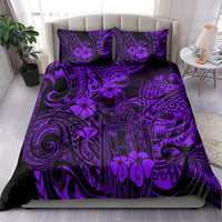 Purple Polynesian bedding set on bed with square pillowcases and patterned duvet