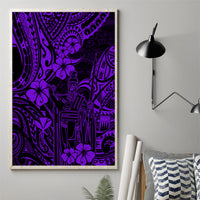 Purple Polynesian pattern canvas wall art with central tiki figure and hibiscus motifs