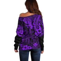 Back view of women's off-shoulder sweater in purple and dark with Polynesian pattern
