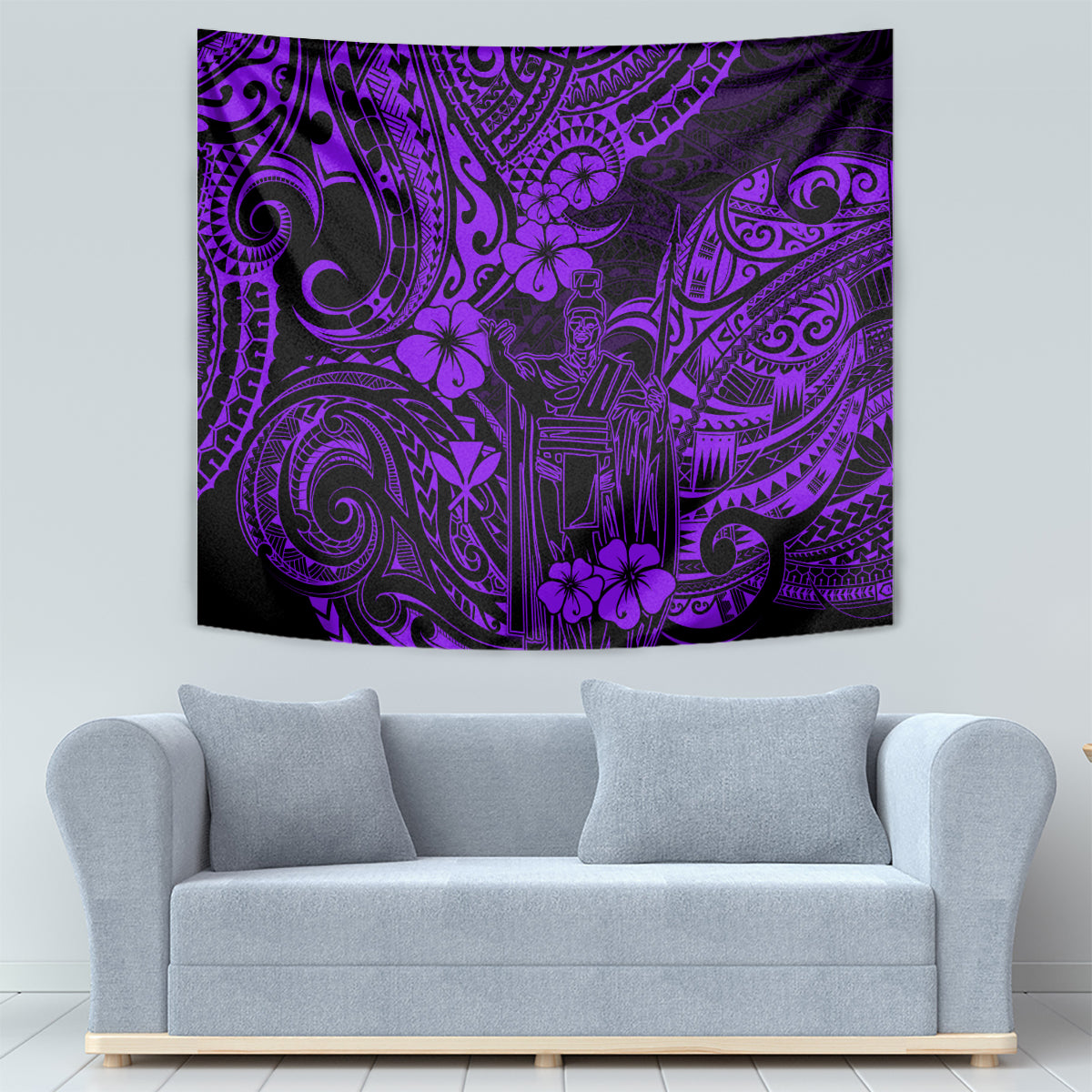 Purple and black Polynesian pattern tapestry with tiki icons, swirling designs, and hibiscus