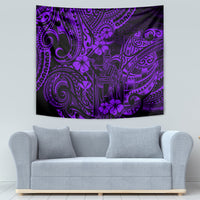 Purple and black Polynesian pattern tapestry with tiki icons, swirling designs, and hibiscus