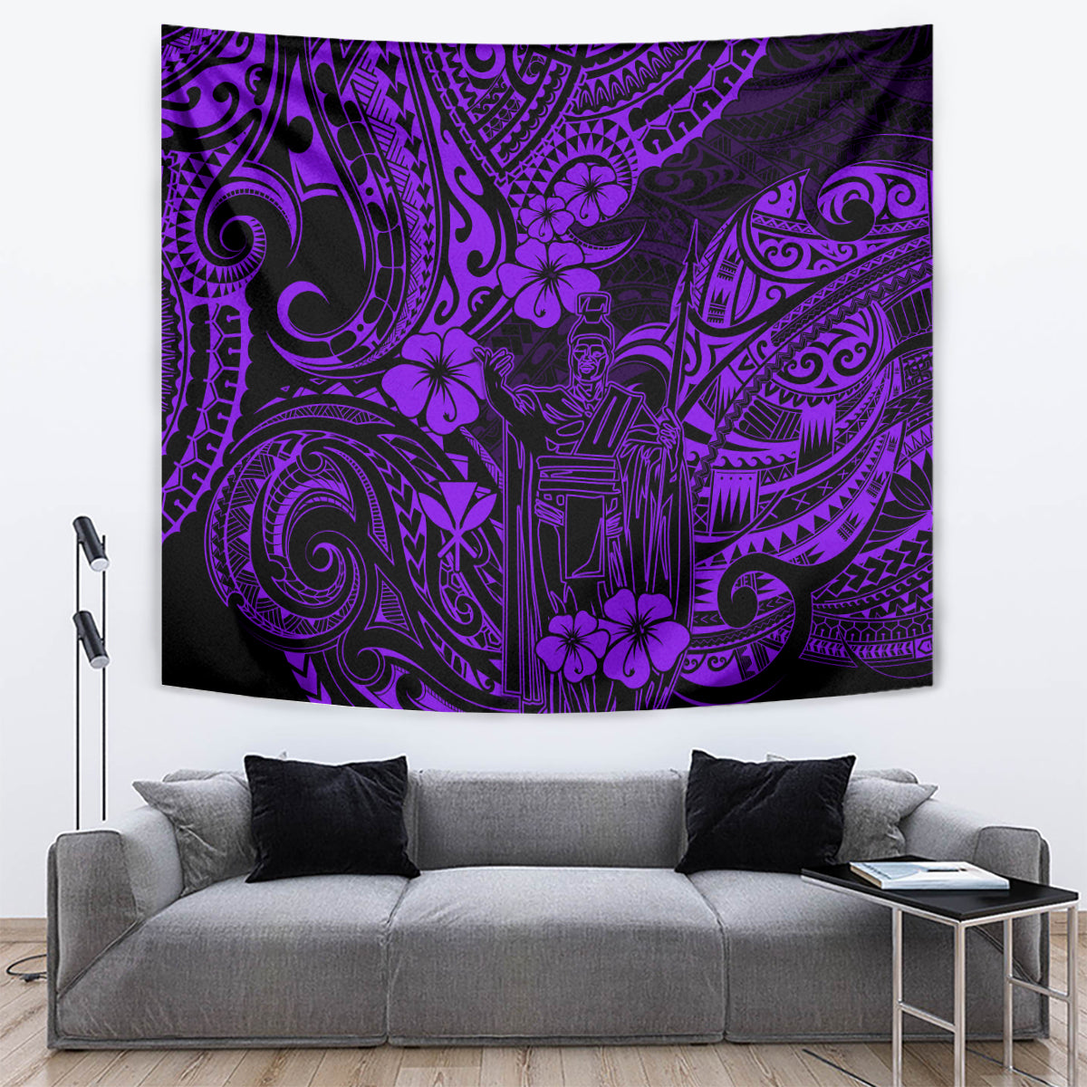 Purple Polynesian pattern tapestry with tribal swirls, hibiscus flowers, and tiki figures