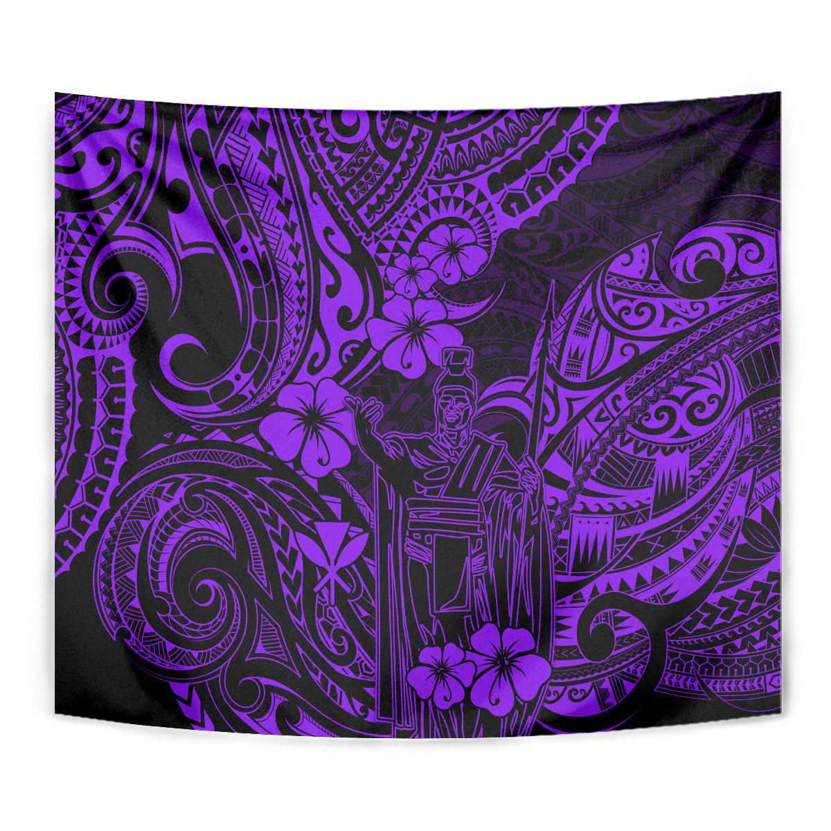 Purple and black Polynesian pattern wall tapestry with dense tribal swirls and hibiscus
