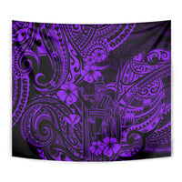 Purple and black Polynesian pattern wall tapestry with dense tribal swirls and hibiscus