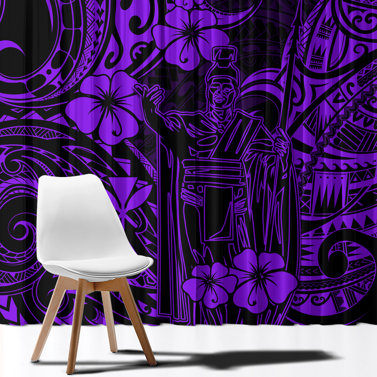 Purple and black Polynesian-pattern window curtain panel with seated tiki figure motif.