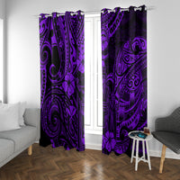 Purple and black Polynesian-pattern window curtain panels over a central doorway opening.