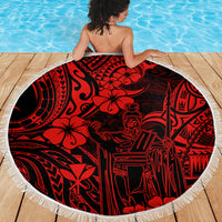 Red round beach blanket with Polynesian king Kamehameha illustration and white fringe