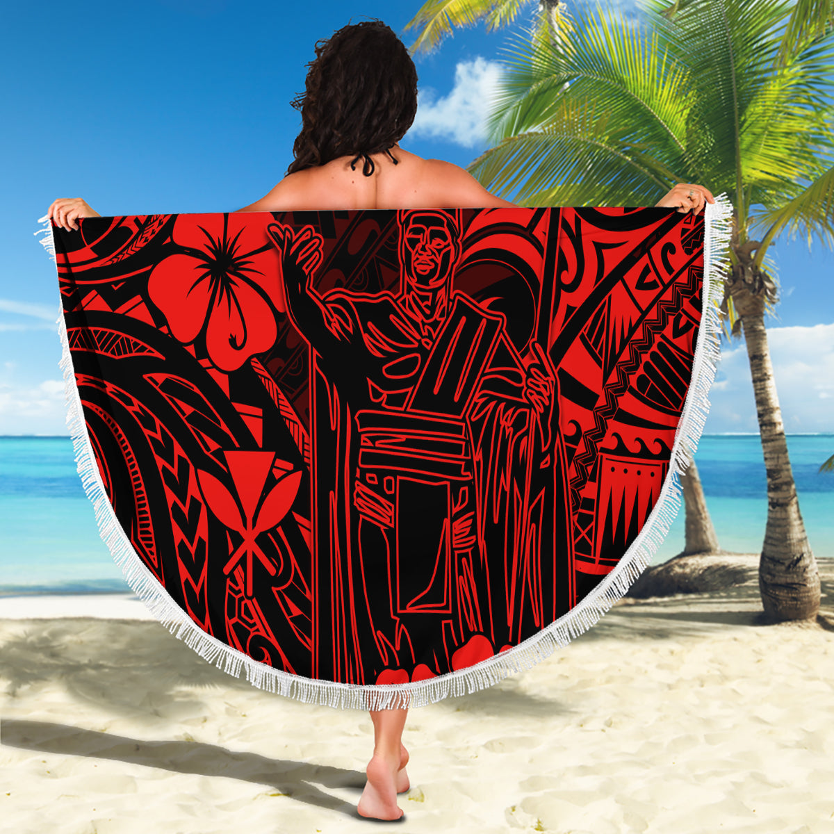 Red round beach blanket with Polynesian king pattern and white fringe border