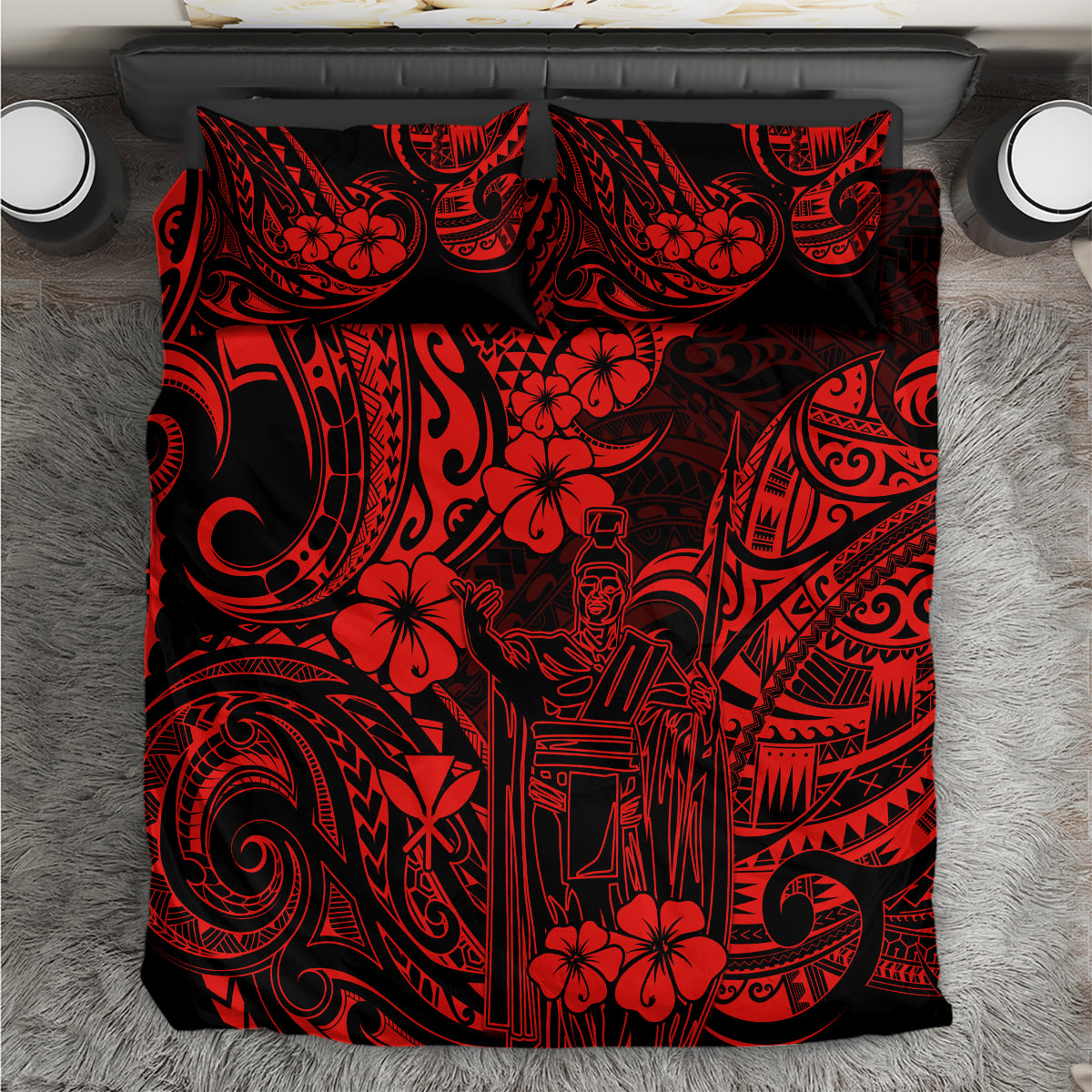 Red Polynesian patterned comforter, top view on bed