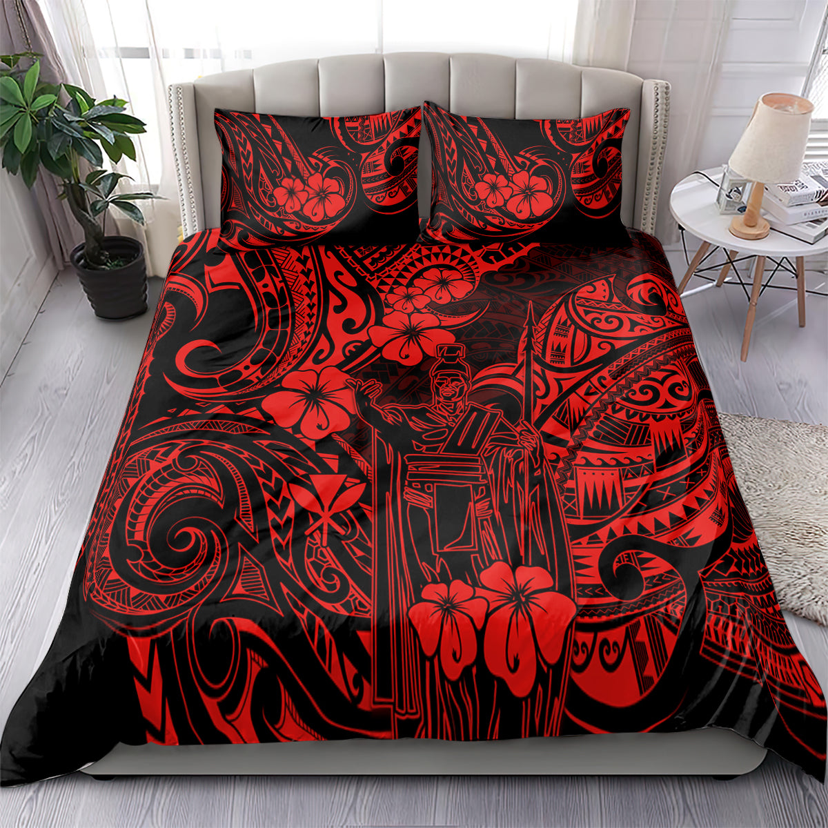 Red Polynesian patterned comforter with two matching pillows on bed