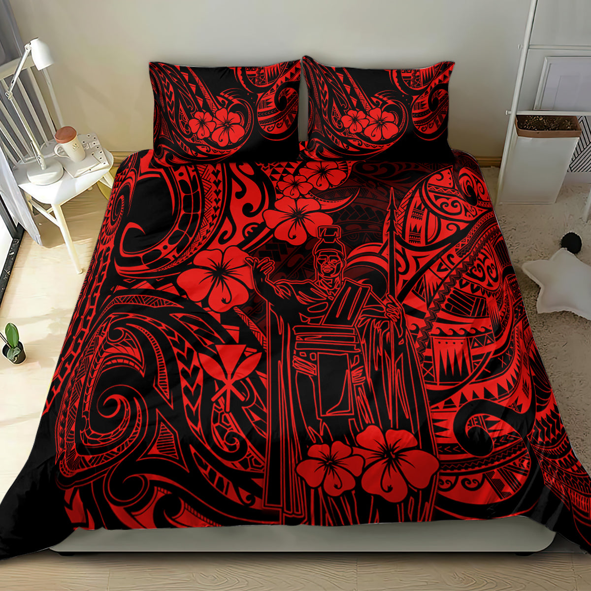Red Polynesian patterned comforter and pillows on bed, straight-on view