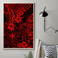 Red Polynesian pattern canvas wall art with tiki figure and hibiscus flowers