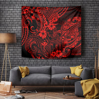Red and black Polynesian pattern tapestry wall hanging with ornate swirls and flowers