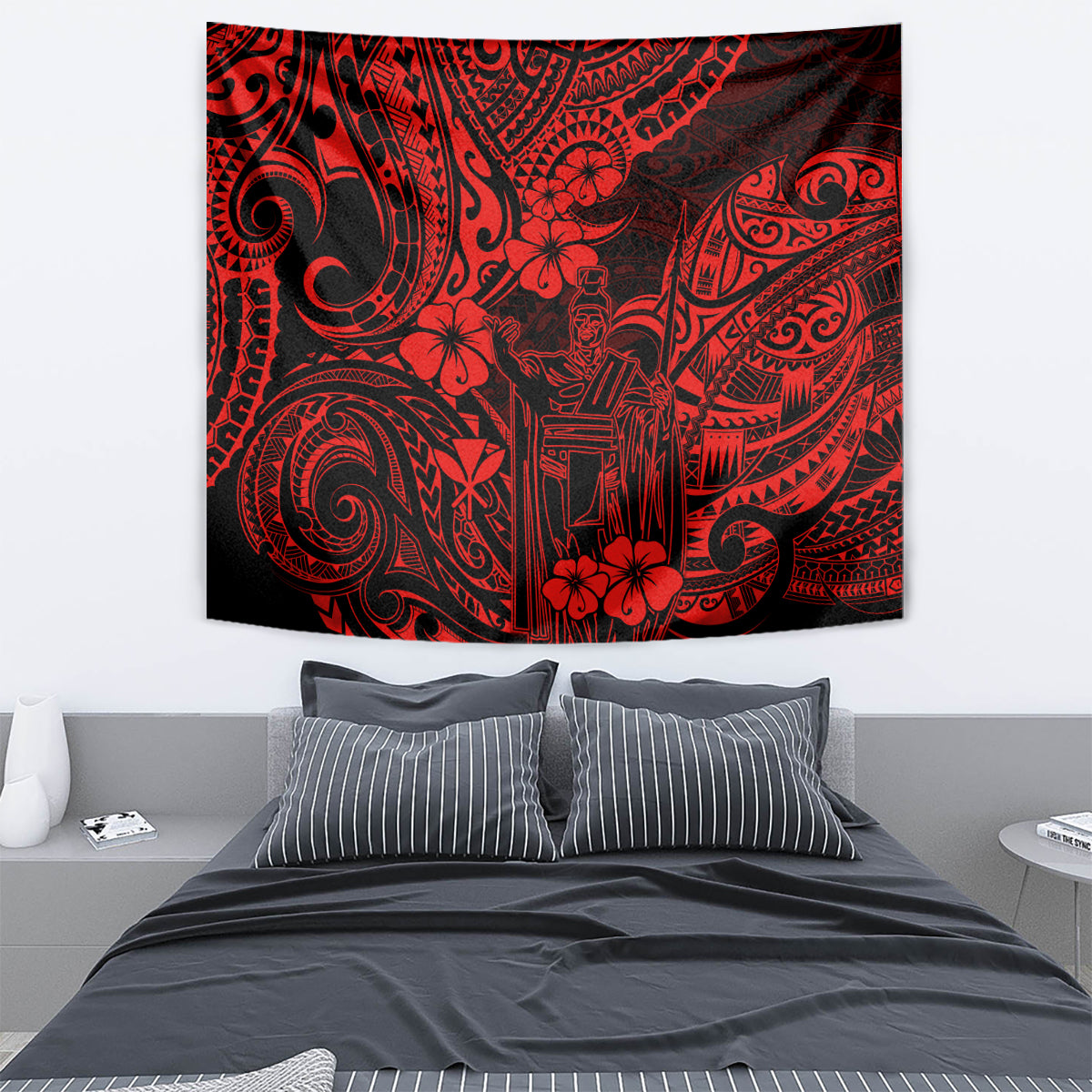 Red and black Polynesian pattern tapestry wall hanging with tribal figures and flowers