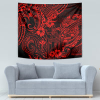 Red and black Polynesian pattern tapestry wall hanging with tribal shapes and floral motifs