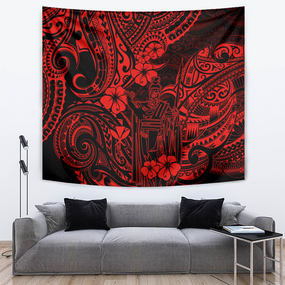 Red and black Polynesian pattern tapestry wall hanging with ornate spirals and hibiscus flowers