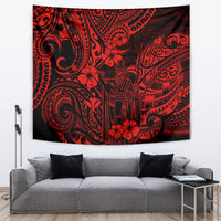Red and black Polynesian pattern tapestry wall hanging with ornate spirals and hibiscus flowers